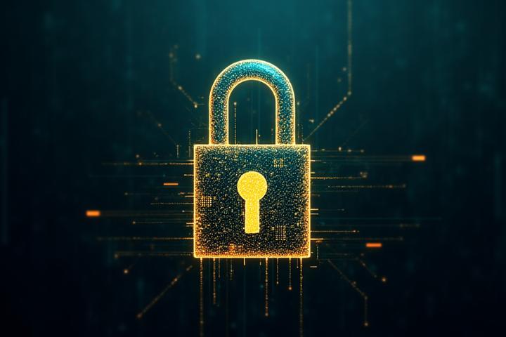 Complex digital lock with glowing security features, representing robust data protection and privacy compliance