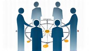 Abstract illustration representing professional services, with handshake icon, interconnected lines and figures, for consulting and legal roles.